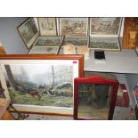 A mixed lot of framed and glazed prints, brass picture stand, pair of plaster bookends depicting