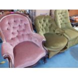 Three velour upholstered salon chairs, 2 green and one pink Location:RAF