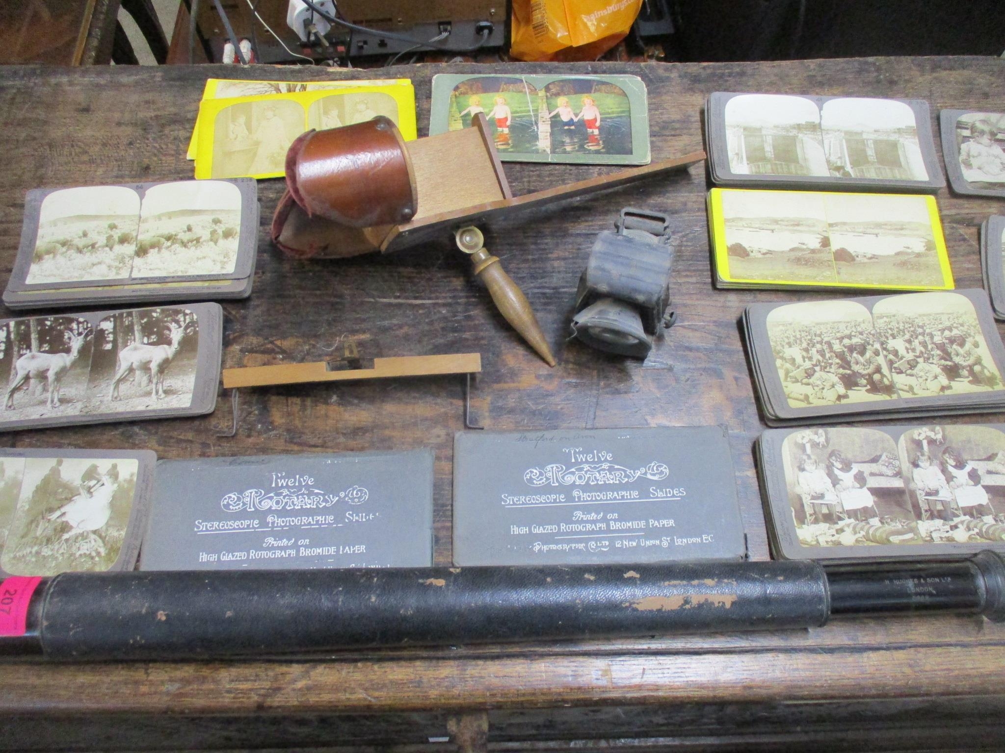 A Victorian Stereoscope with various slides, a vintage Combes Bros bicycle lamp, a Hughes & Son - Image 3 of 5