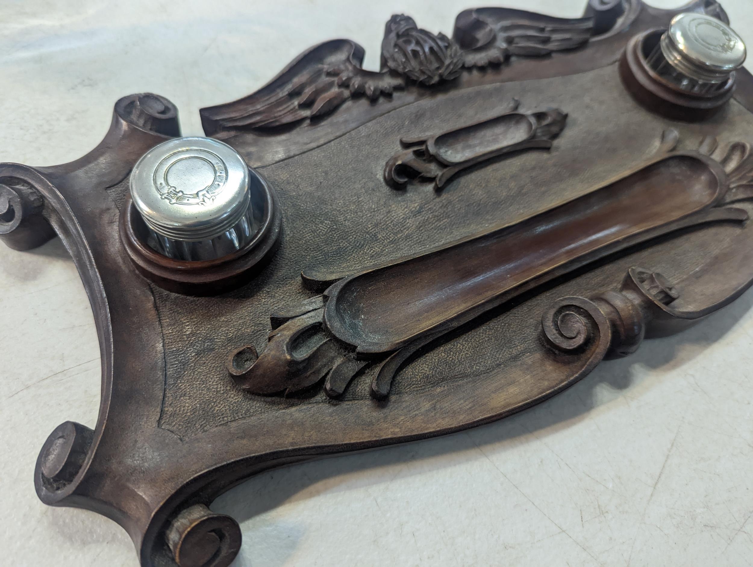 A carved mahogany desk tidy, carved with RAF insignia, reputedly from Commanding Officers desk at - Image 2 of 3