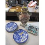 Japanese ceramics to include a pair of blue and white chargers, a dish and a large Satsuma vase