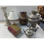 A mixed lot to include a Nurbay Samovar A/F, candle stick, lamp and other items Location: