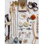 A quantity of vintage costume jewellery, 5 wristwatches to include Rotary, a Crummels enamelled pill