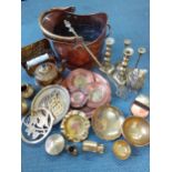 Two pairs of brass candlesticks, a copper coal bucket and mixed copper and brass plates, bowls and