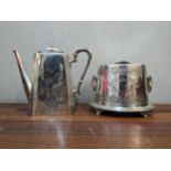 Victorian silver plate with engraved ornament comprising a biscuit box with mask handles, and a