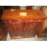 Late Victorian/Edwardian mahogany side cabinet, the rectangular top with ebony stringing, above
