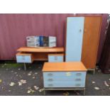 A mid 20th century teak and turquoise painted bedroom suite comprising a wardrobe 173cm h x 92cm