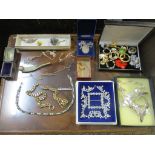 A selection of vintage costume jewellery to include a Monet necklace and ear pendant set, a diamante