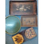 A small treen lot comprising Oriental trays, one hand painted with images of Swallows and a