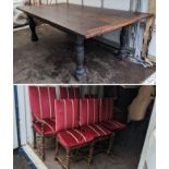 A large 17th/18th century and later oak refectory dining table 71cm h x 230cm w, together with a set