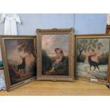 19th century British School - a pair of deer and a portrait of a girl, oil on canvas, in gilt frames