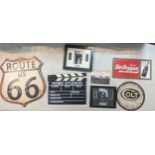 Mixed reproduction signs and film/movie related items to include Route 66 sign, Dr Pepper, Colt,