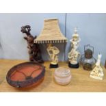 Lamps to include Oriental style resin examples, a Japanese carving of a figure with bone eyes and