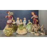 A group of ceramic figures to include Royal Doulton ladies, Capodimonte figures A/F, and others to