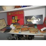 A mixed lot of games, wooden boxes, and pens to include a Parker Duofold fountain pen with 14K