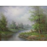 Leader - a wooden river landscape, oil on canvas, signed, 61.5cm x 92cm Location: