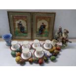 Mixed collectables to include two Japanese paintings, stone eggs, Royal Kendal H&M tea set, a
