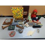 A mixed lot to include vintage dolls, games, treen and other boxes, Masonic medal and other items,