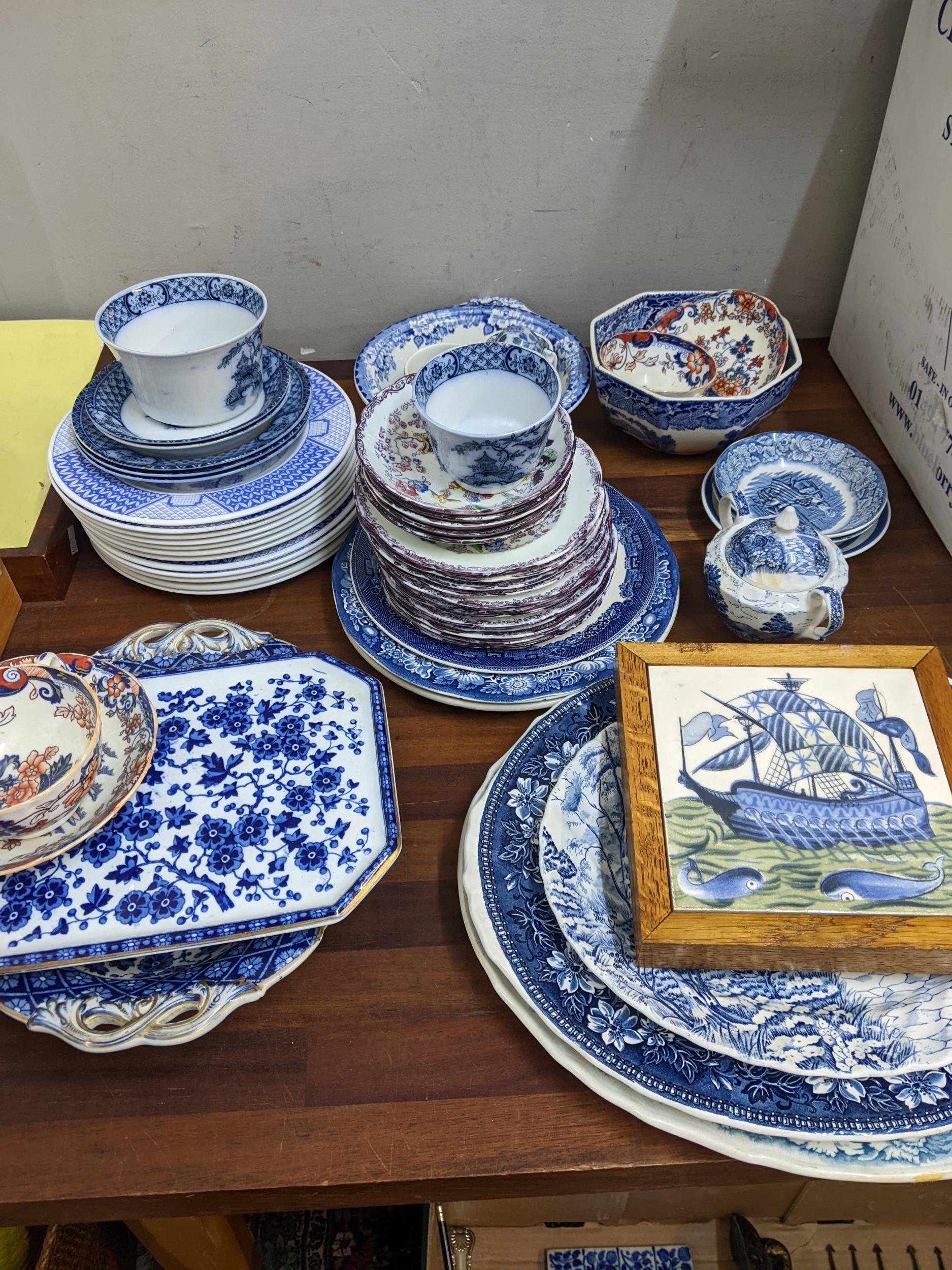 19th century and later ceramics to include teaware, plates, blue and white tableware, a reproduction