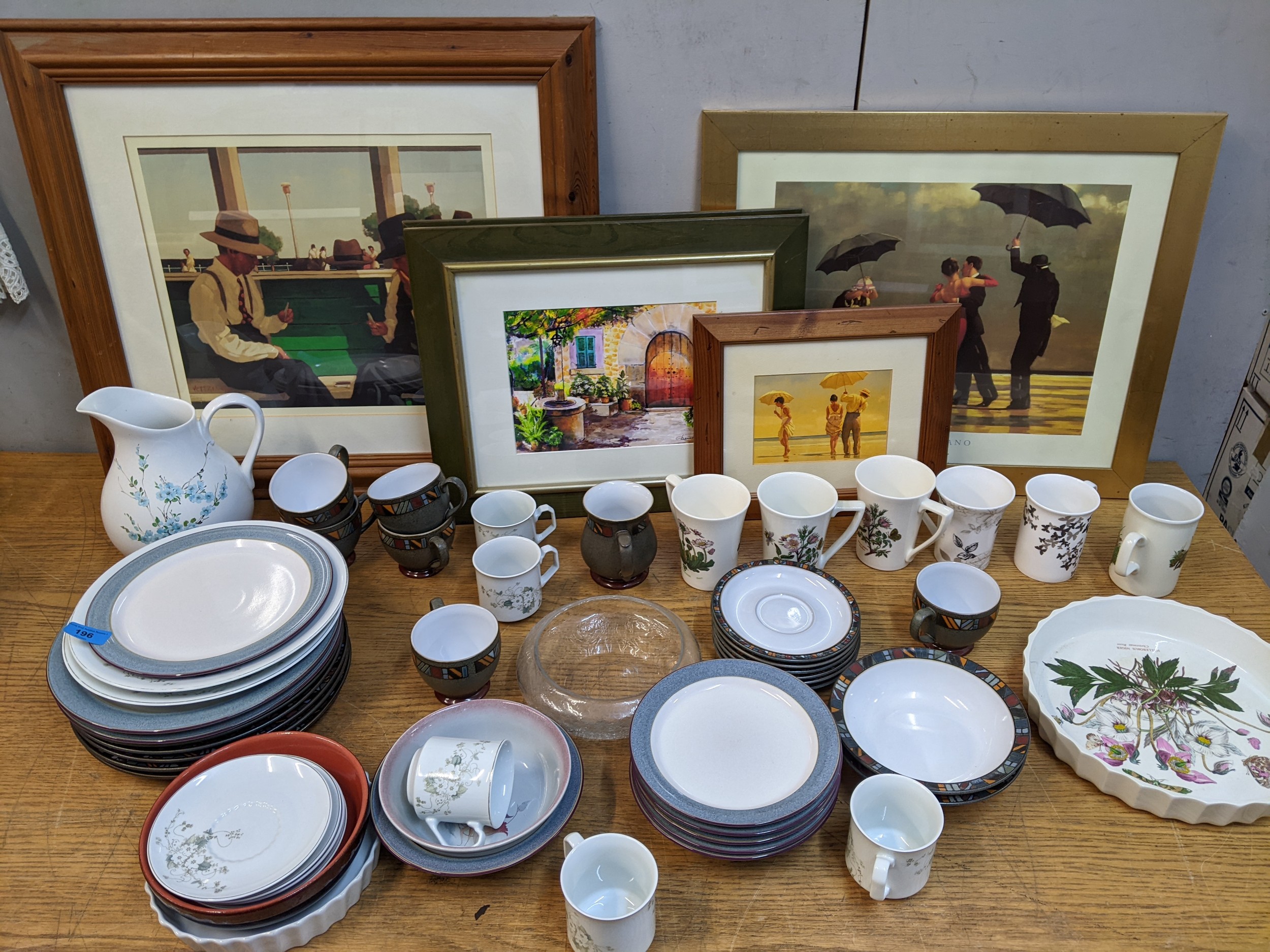 Ceramics and pictures to include Jack Vettriano prints, Poole pottery, Port Merion, Denby and