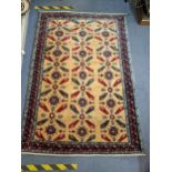 A hand woven rug having geometric designs and multiguard borders, 181cm x 124cm Location: