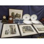 A mixed lot to include an Edwardian mantel clock, Anniversary clock, 19th century engravings, and