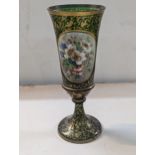 A Victorian green bohemian glass vase, having floral painted decoration and gilt highlights