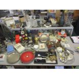 A mixed lot to include a Disney table lamp, bronze model of a hose, hip flasks, binoculars,
