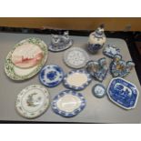 A mixed lot of blue and white ceramics to include a Portuguese wall hanging candlestick, Royal