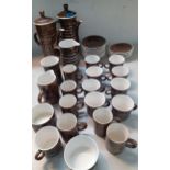 A Rye pottery coffee and tea set comprising two pots, two jugs, nine tea cups, six coffee cups,