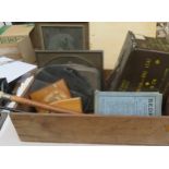 Vintage Swan ink packing box with wall plaques, swagger stick, ammo box and a broadsheet newspaper