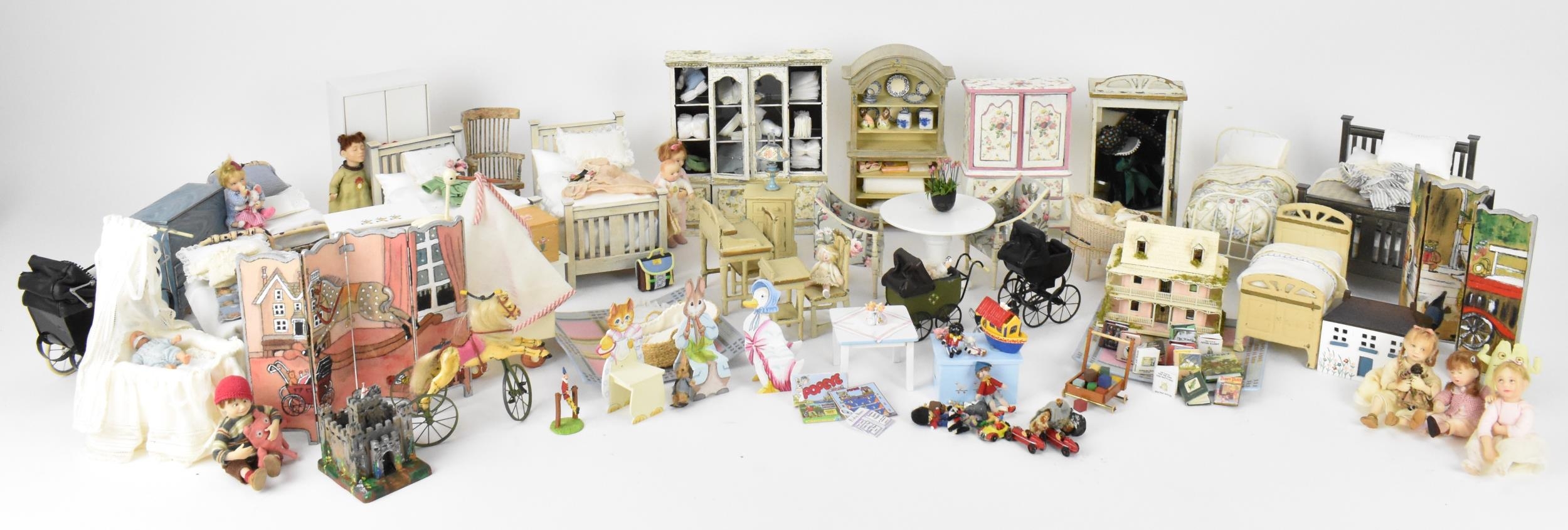 A collection of doll's house furniture and objects, to include dressers, painted bedroom