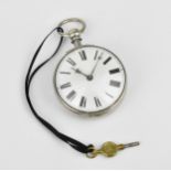 A Georgian and later silver open faced pocket watch having a white enamel dial, with fleur de lis