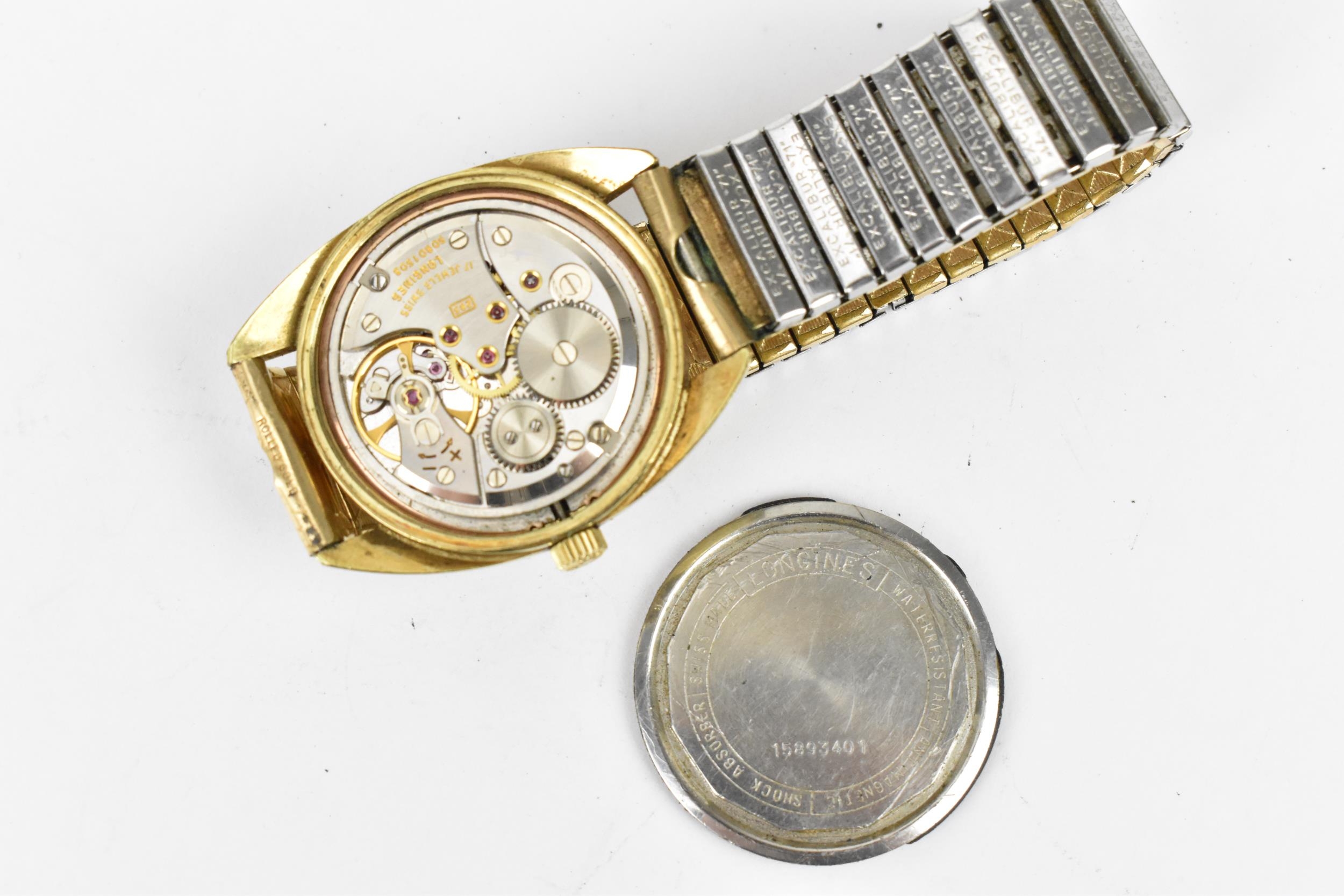 A Longines manual wind, gents, gold plated wristwatch, having a silvered dial with centre seconds, - Image 3 of 3