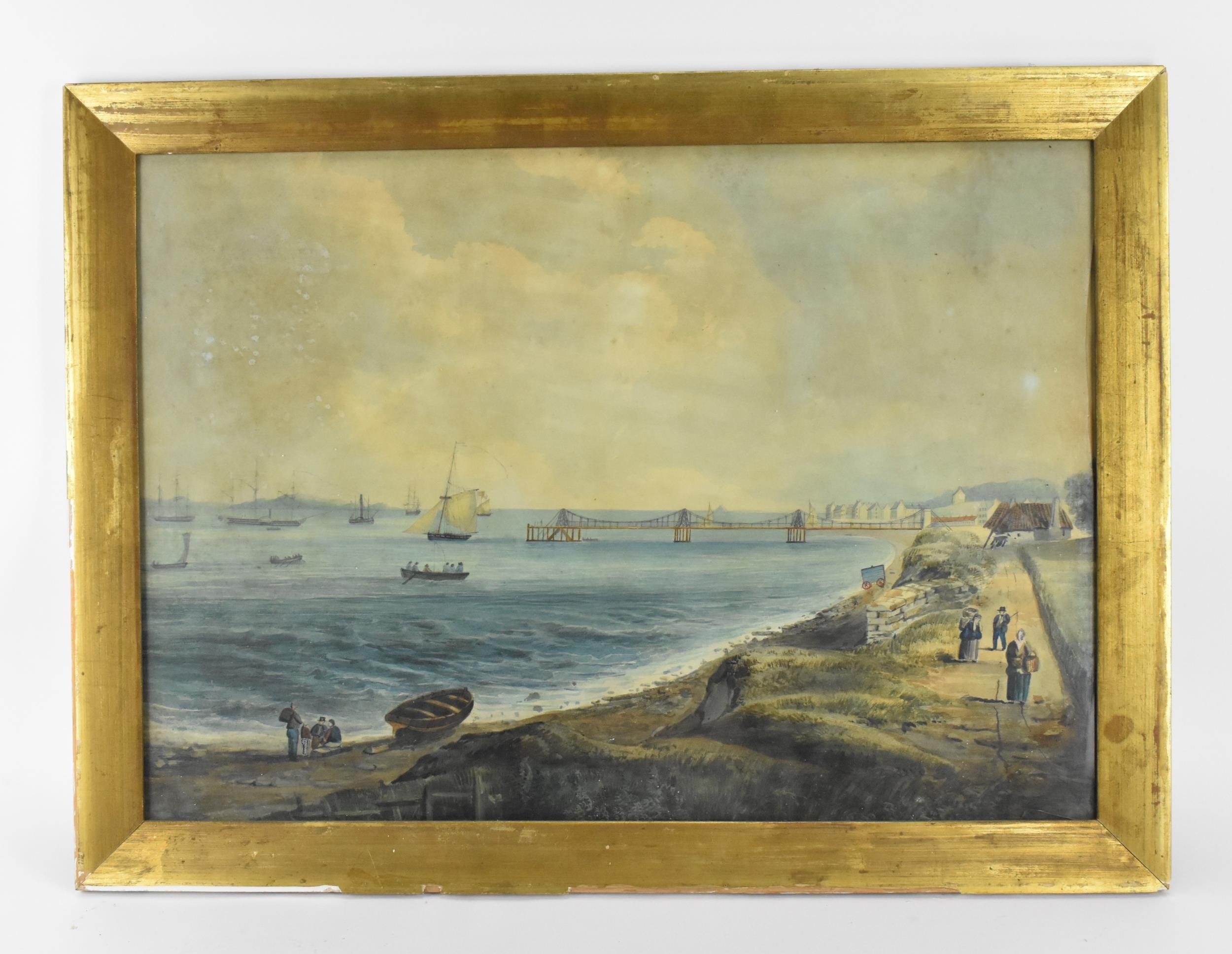 British School, late 19th century depicting a maritime scene with boats by a shore with pier,