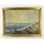 British School, late 19th century depicting a maritime scene with boats by a shore with pier,