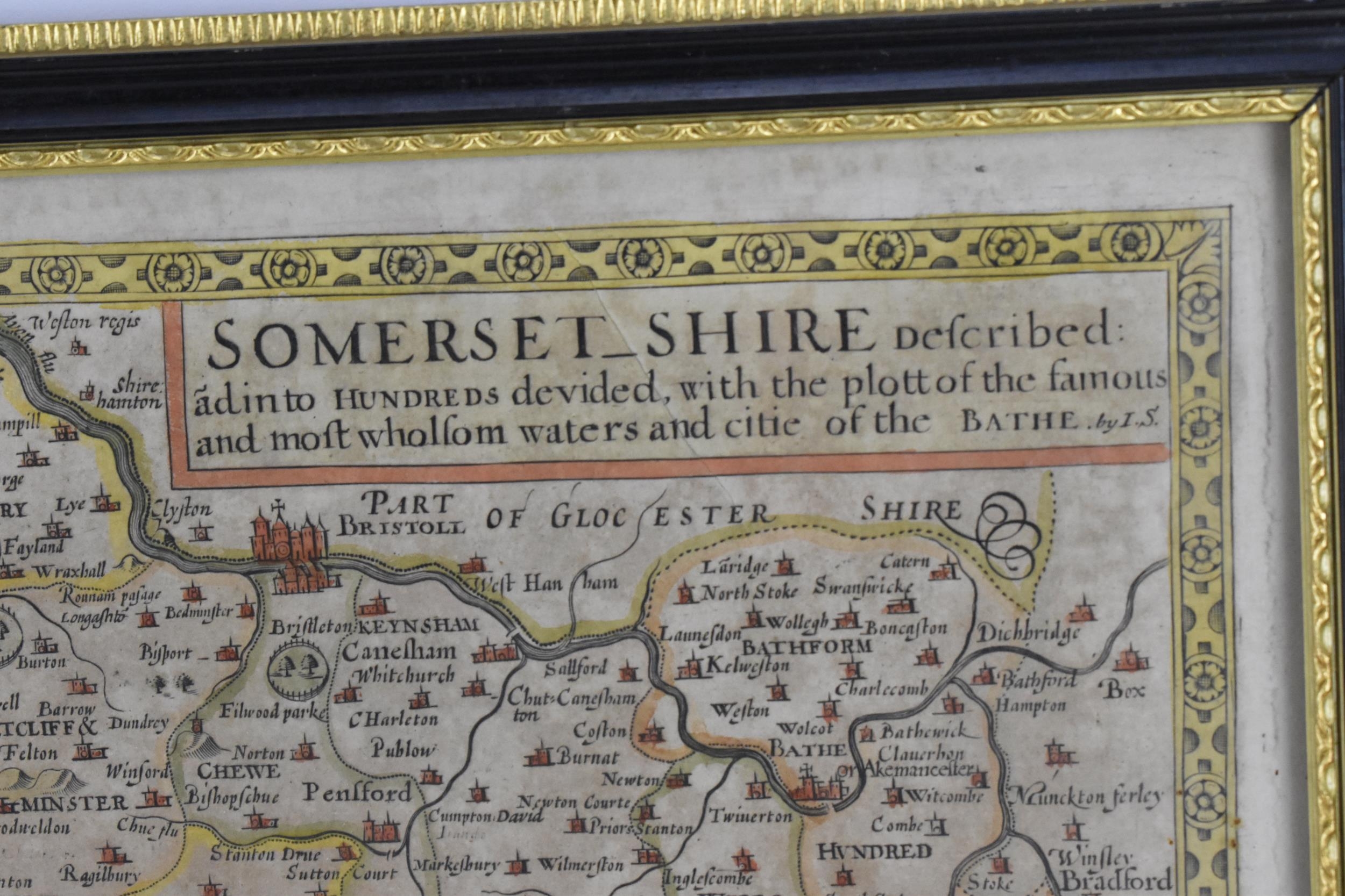John Speed, Somersetshire, hand coloured engraved map for Sudbury and Humble, dated 1610, 38 x 51 - Image 3 of 7