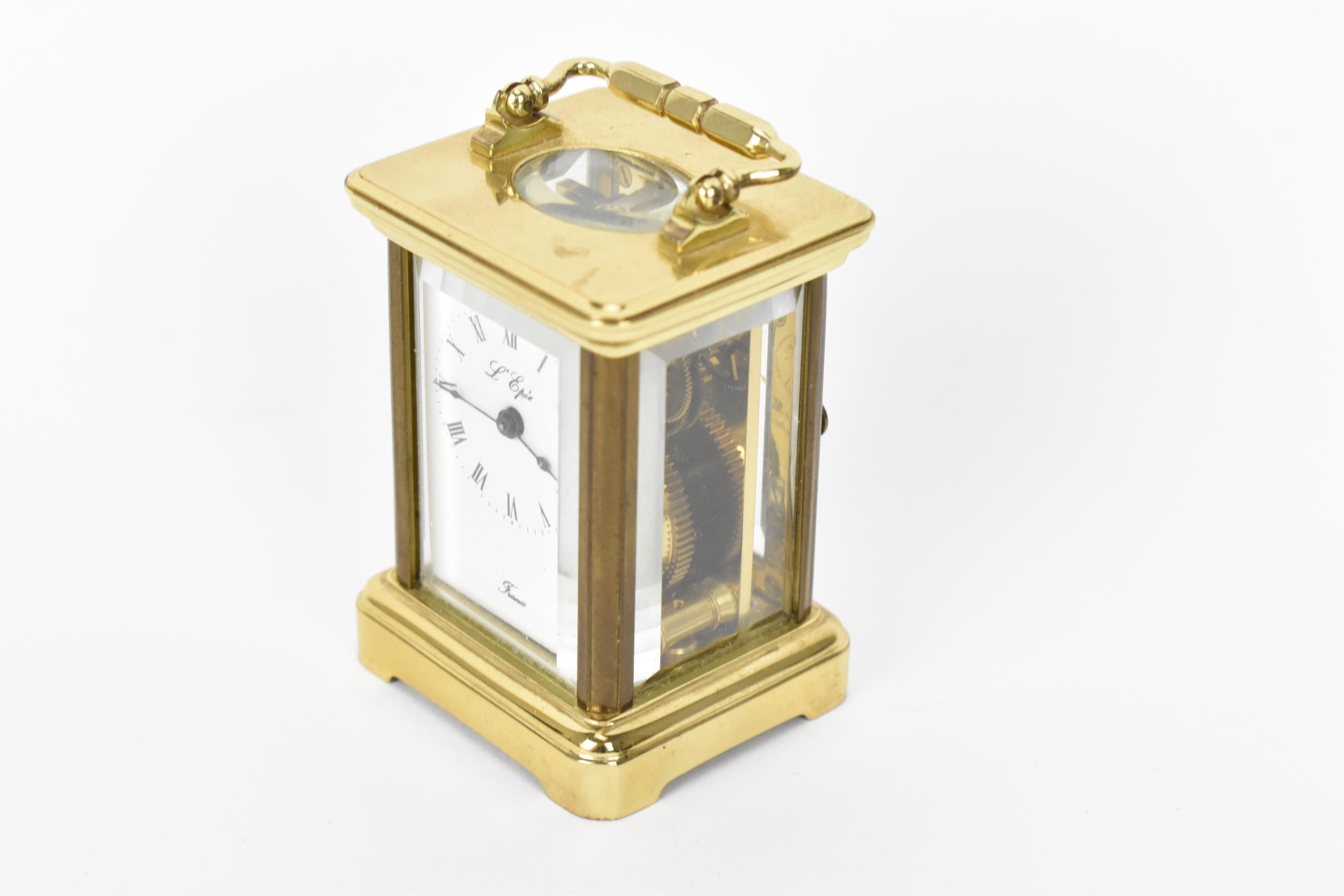 A modern L'Epee brass cased miniature carriage clock, white enamel dial with Roman numerals, the - Image 3 of 9