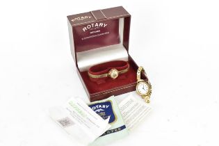 Two manual wind, ladies 9ct gold wrist watches to include a Rotary watch having a silvered dial with