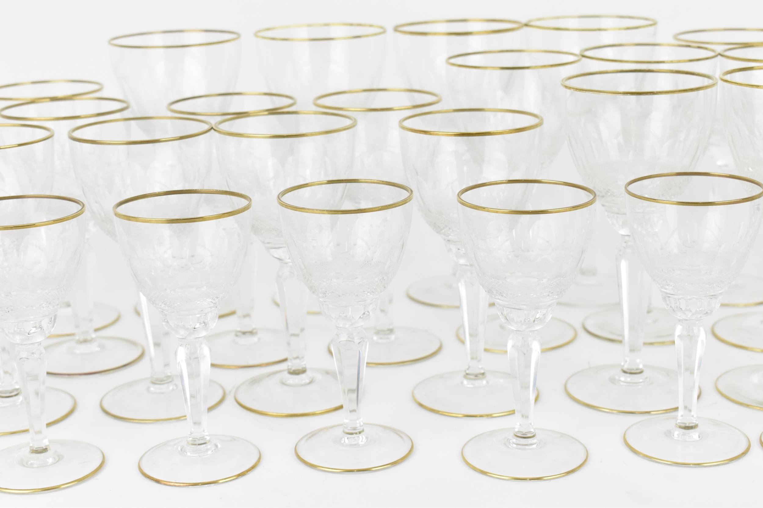 A large suite of cut and gilt-rim footed glasses, possibly French, comprising four nick & nora - Image 2 of 7