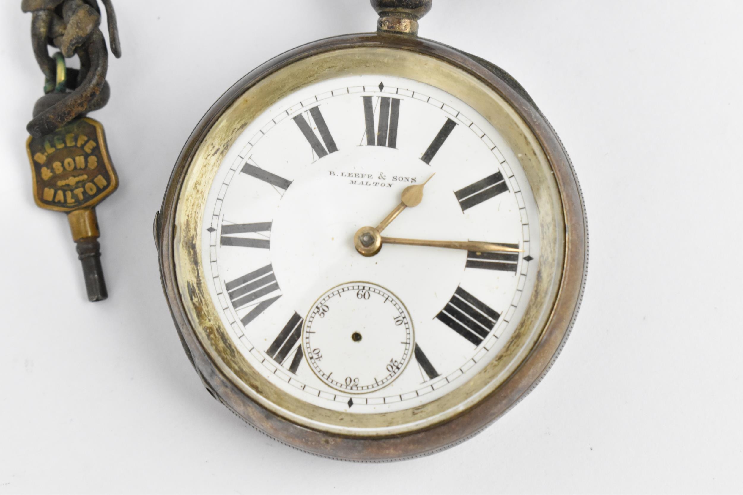 A late 19th century Waltham silver cased open faced pocket watch having a white enamel dial, with - Image 2 of 4