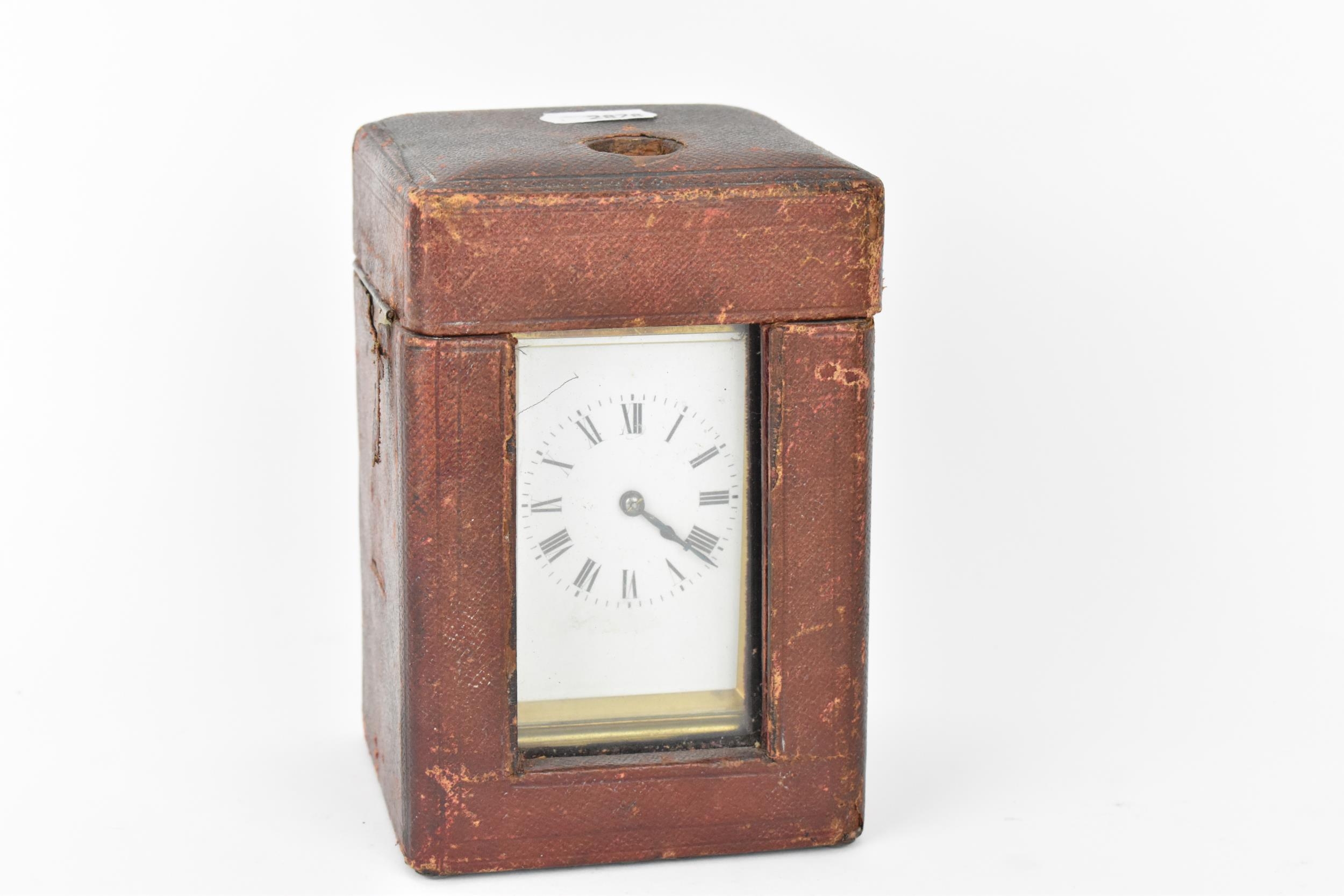 An early 20th century brass cased repeater carriage clock having a white enamel dial with Roman - Image 8 of 8
