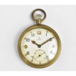 An Omega nickel plated, open faced pocket watch having a white enamel dial, signed Omega, with