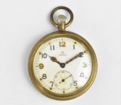 An Omega nickel plated, open faced pocket watch having a white enamel dial, signed Omega, with