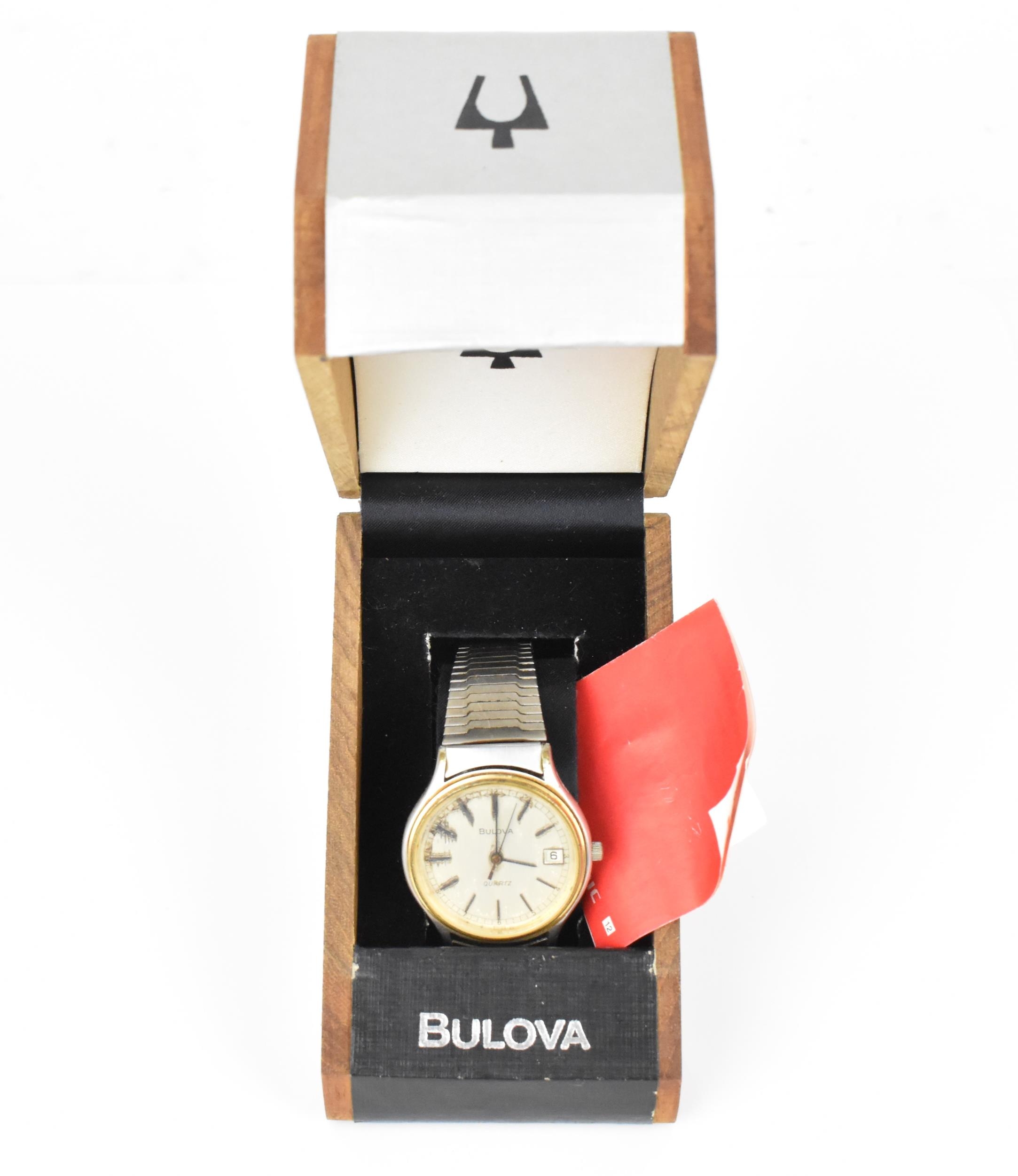 A Bulova quartz, gents stainless steel wristwatch, circa 1979 having a silvered dial with centre