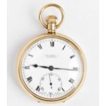 An early 20th century 9ct gold, open faced pocket watch having a white enamel dial, signed J.W.