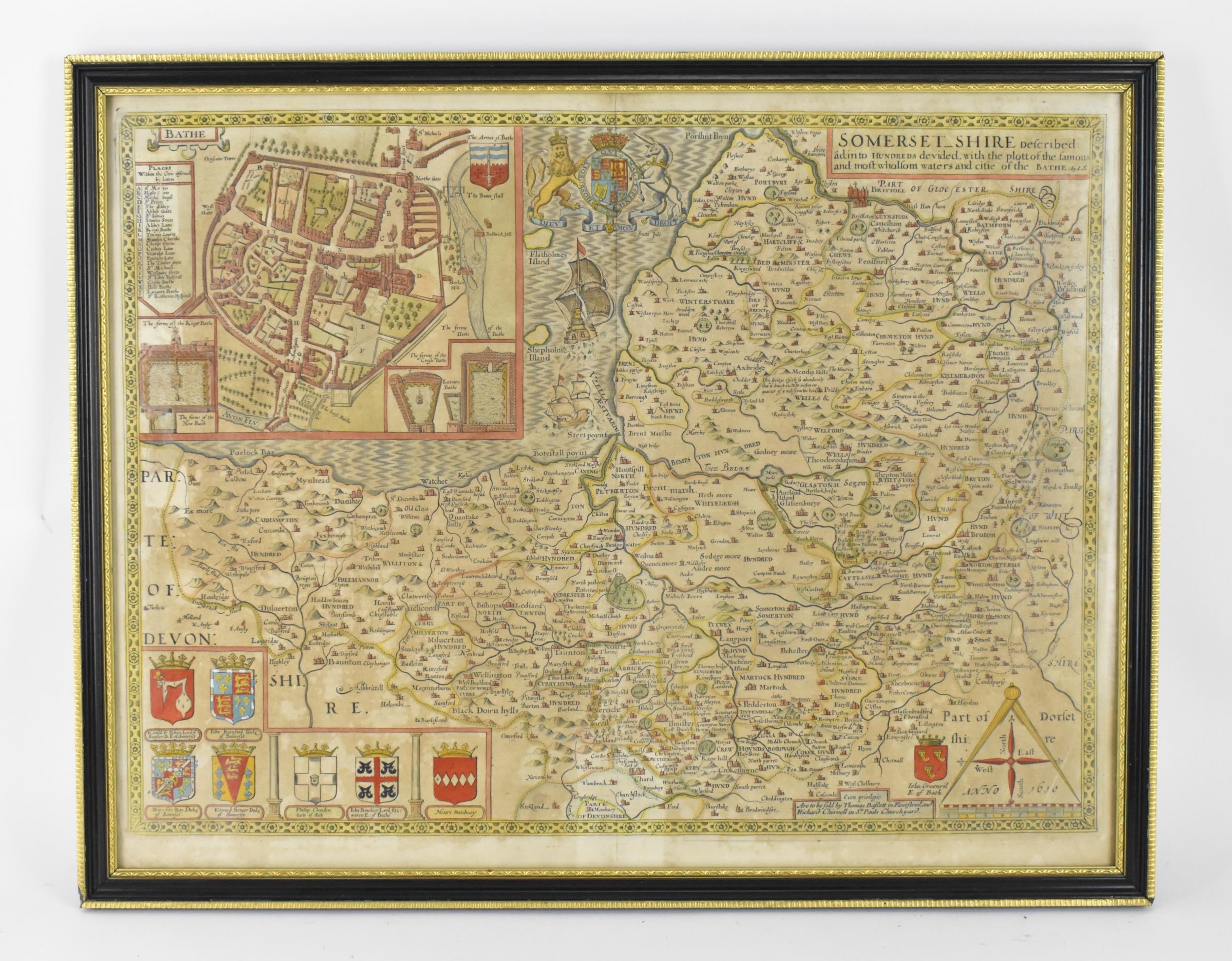 John Speed, Somersetshire, hand coloured engraved map for Sudbury and Humble, dated 1610, 38 x 51