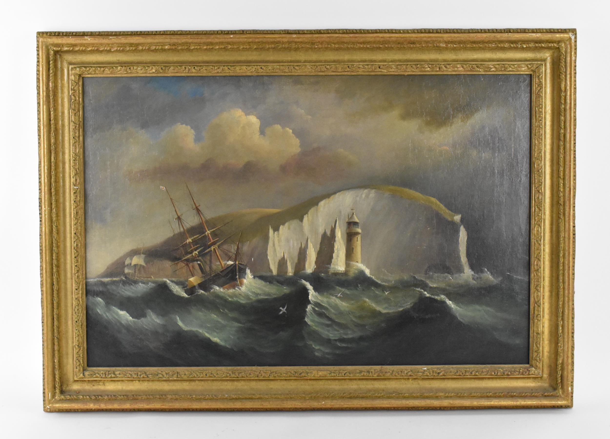 British School, 19th century depicting ships in choppy seas by chalk cliffs, unsigned, possibly