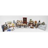 A collection of doll's house furniture, objects and dolls, to include a Regency style dining table