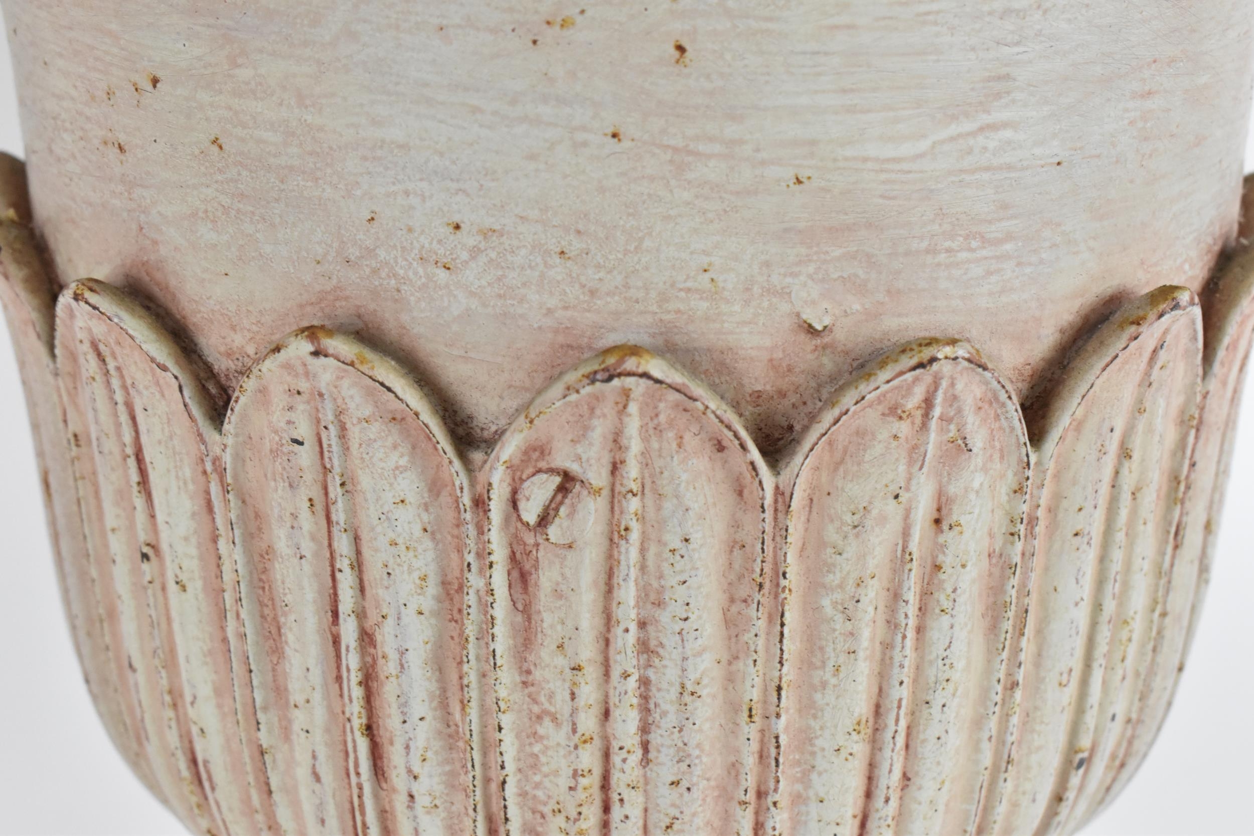 A pair of cast metal garden urns, with everted petal rim, part of the body with cast leaf, on a - Image 5 of 5